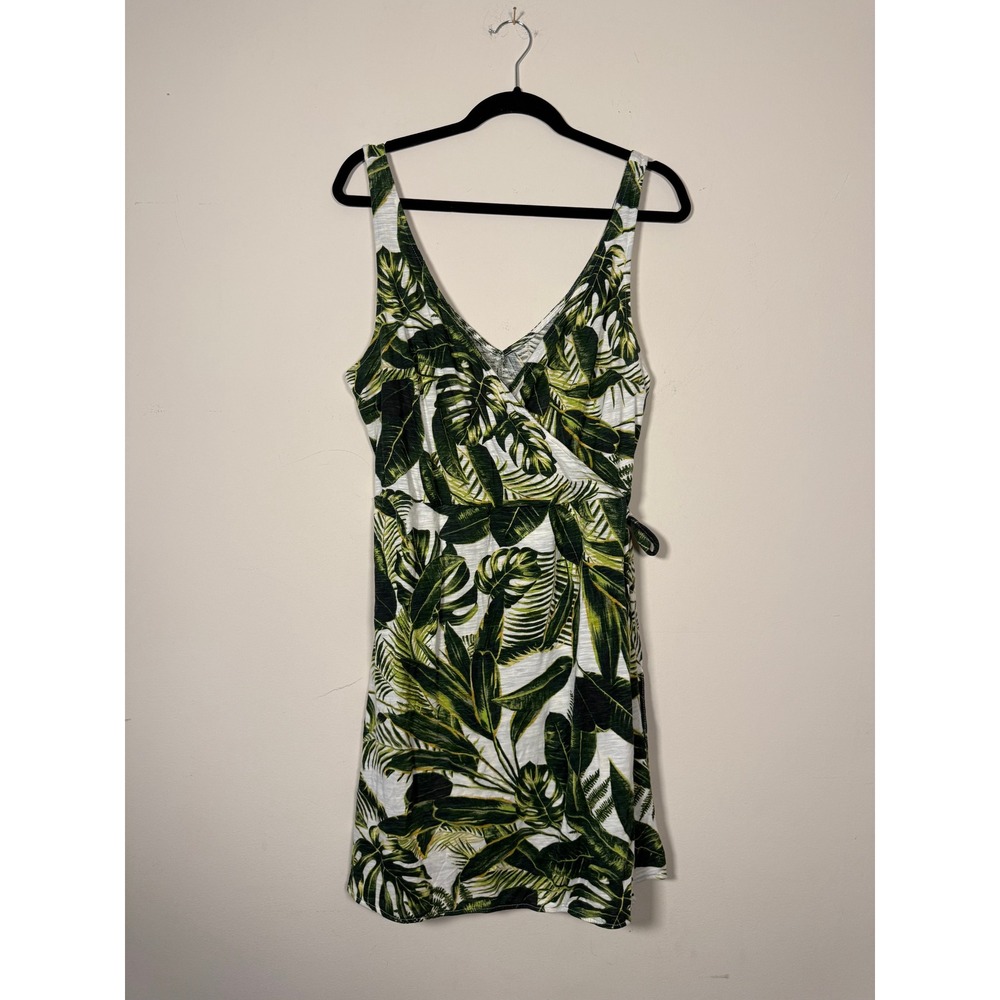 H&M Tropical Palm Leaf Wrap Mini Dress Green White Sleeveless Summer Sz L